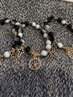 Set of 3 Glass Black & White Beaded Bracelet Set with Gold Cross & Tree Charms